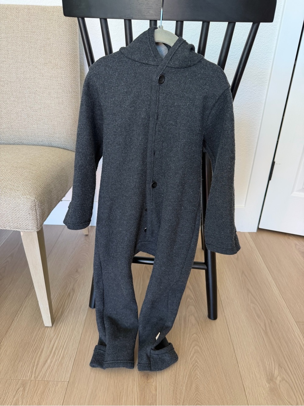 Button-Front Hooded One-Piece Romper in Dark Gray